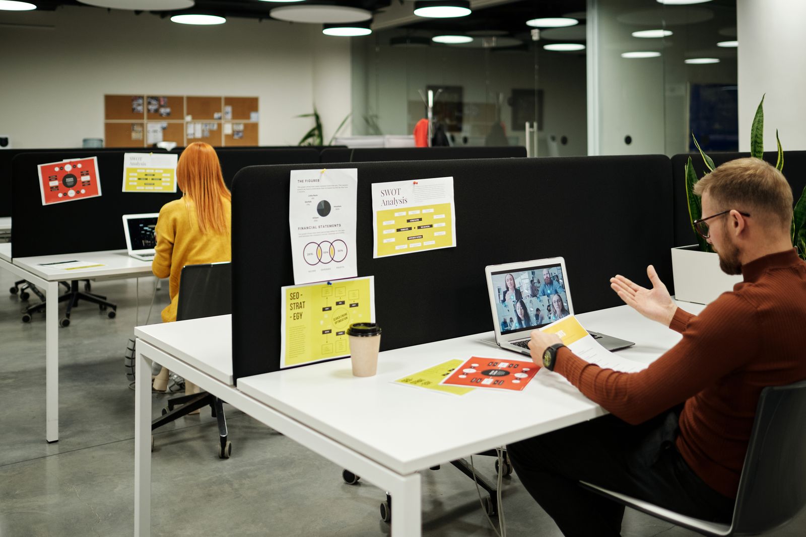 A team talking through a project in a modern office